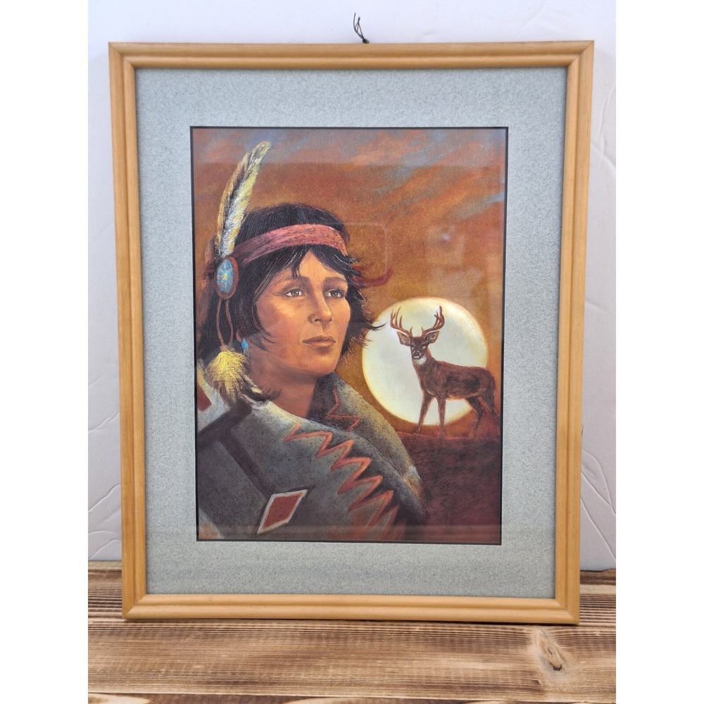 Vintage Native American Women With Deer Moon Foil Lithograph Print Framed